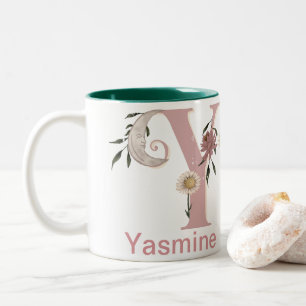 Tasse 2 Couleurs Floral céleste Nom personnalisé Lettre Y Monogramm