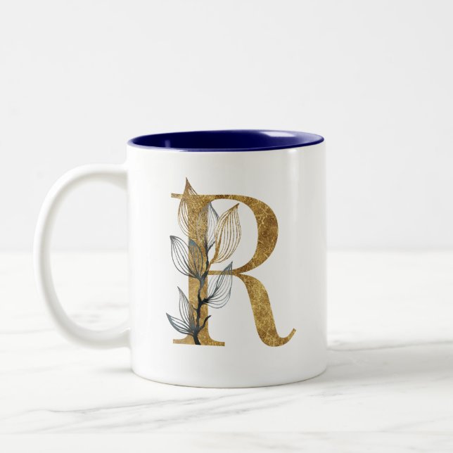 Tasse 2 Couleurs Floral Gold Feuilles Bleus Monogramme Personnalisé (Gauche)