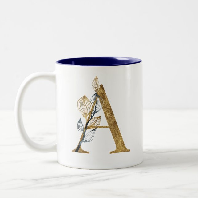 Tasse 2 Couleurs Floral Gold Feuilles Bleus Monogramme Personnalisé (Gauche)