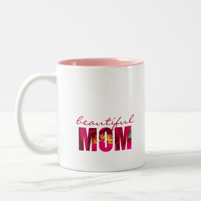 Tasse 2 Couleurs Floral rose "Beautiful Mom" Personnaliser Note Cad (Gauche)