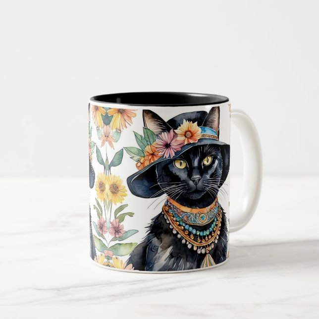 Tasse 2 Couleurs Flore Feline avec Casquette 11 oz (Devant droit)