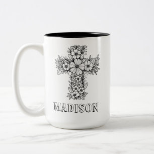 Tasse 2 Couleurs Foi chrétienne Croix florale Nom personnalisé Colo
