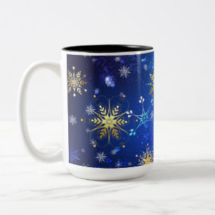 Tasse 2 Couleurs Fond bleu de Noël avec flocons d'or