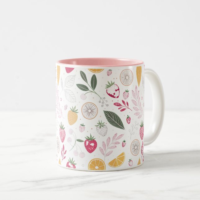 Tasse 2 Couleurs Fraise fraîche et feuilles d'agrumes – Douce botan (Devant droit)
