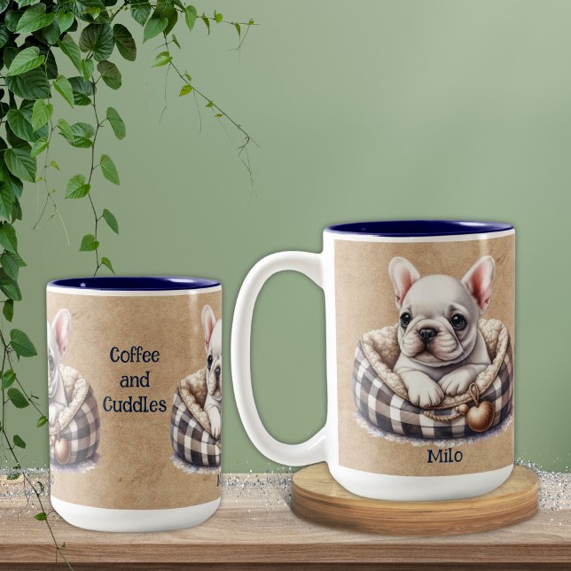 Tasse 2 Couleurs Frenchie blanche dans Plaid Chig Bed (Créateur téléchargé)