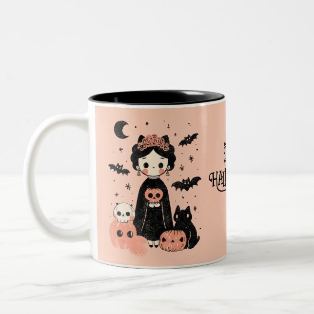 Tasse 2 Couleurs Frida Kahlo Pink Pasteloween Happy Halloween (Gauche)
