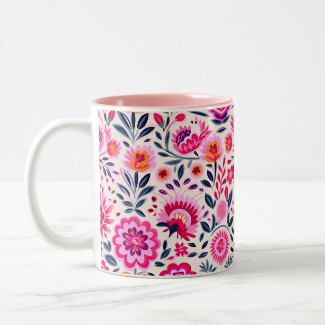Tasse 2 Couleurs Fuchsia Fleurs mexicaines Motif Vibrant (Gauche)
