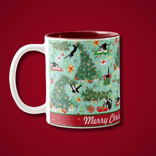 Tasse 2 Couleurs Funny Chat and The Christmas Tree Personnalisé (Funny Cats topple the Christmas Tree on this cute Personalized holiday mug)