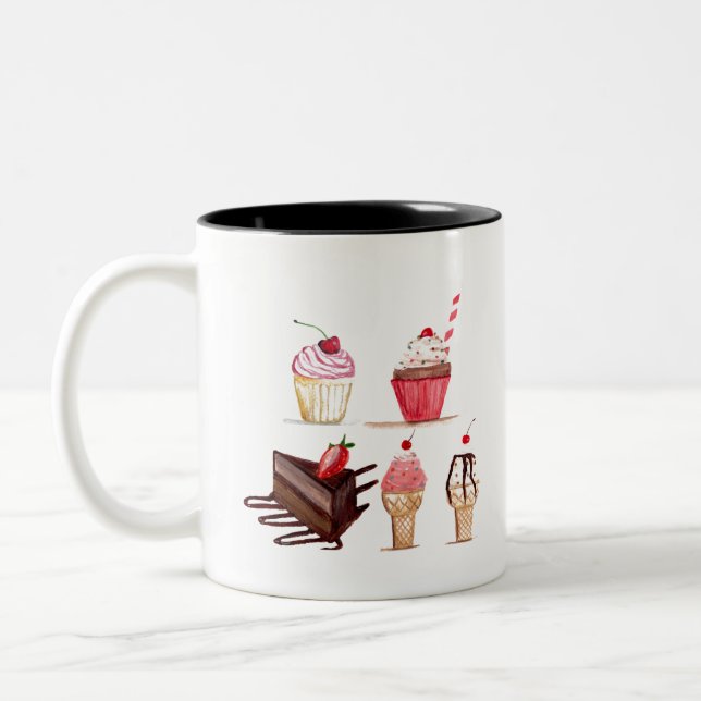 Tasse 2 Couleurs Gâteaux Aquarelle Boulangerie sucreries Cupcakes P (Gauche)