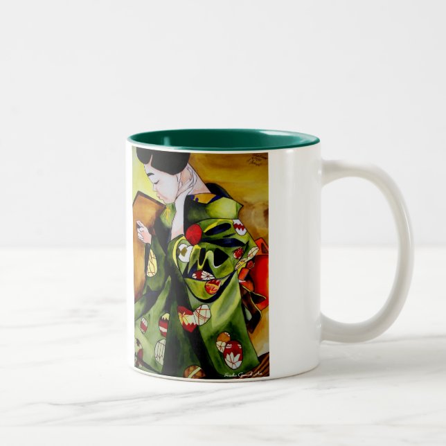 Tasse 2 Couleurs Geisha avec kimono vert olive art original (Droit)