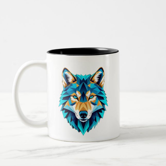 Tasse 2 Couleurs Geometric Wolf Head – Neon Blue Low Poly Animal Ar (Gauche)