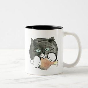 Tasse 2 Couleurs George, le chat, a fait avec une jambe de poulet