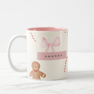 Tasse 2 Couleurs Gingerbread de Fêtes Personnalisé & Nœud Rose