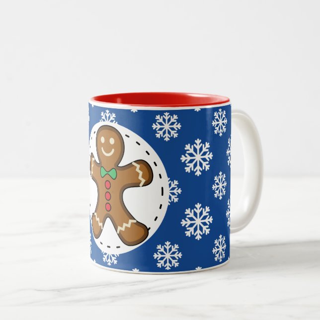 Tasse 2 Couleurs Gingerbread Man on Blue White Snowflakes (Devant droit)