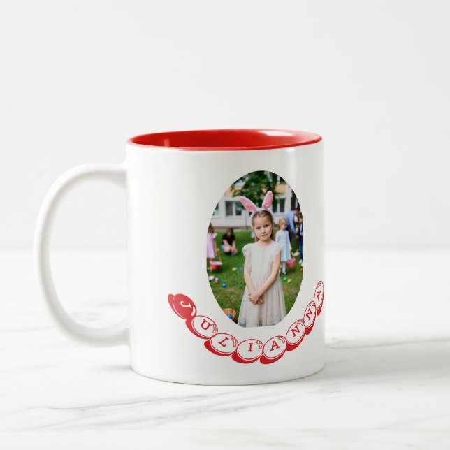 Tasse 2 Couleurs Girl Photo Hunting Eggs with Rabbit Ears & Name (Gauche)