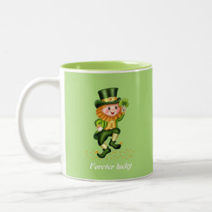 Tasse 2 Couleurs Gnome vert chanceux pour toujours et monogramme su