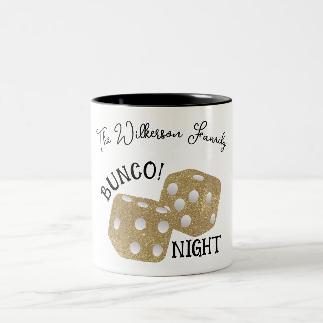 Tasse 2 Couleurs Gold Dice Bunco Night Nom personnalisé (Centre)