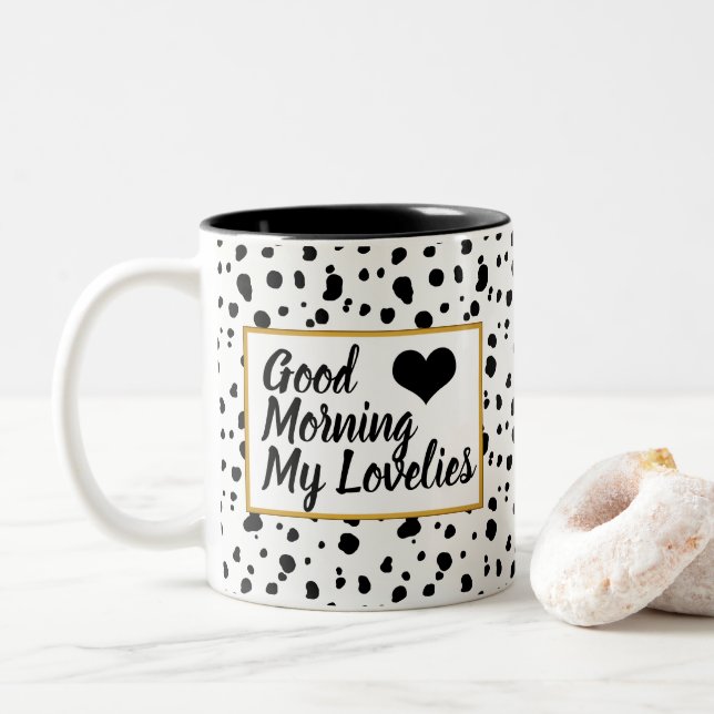 Tasse 2 Couleurs Good Morning Lovelies Spots Dalmatiens tendance (Avec donut)