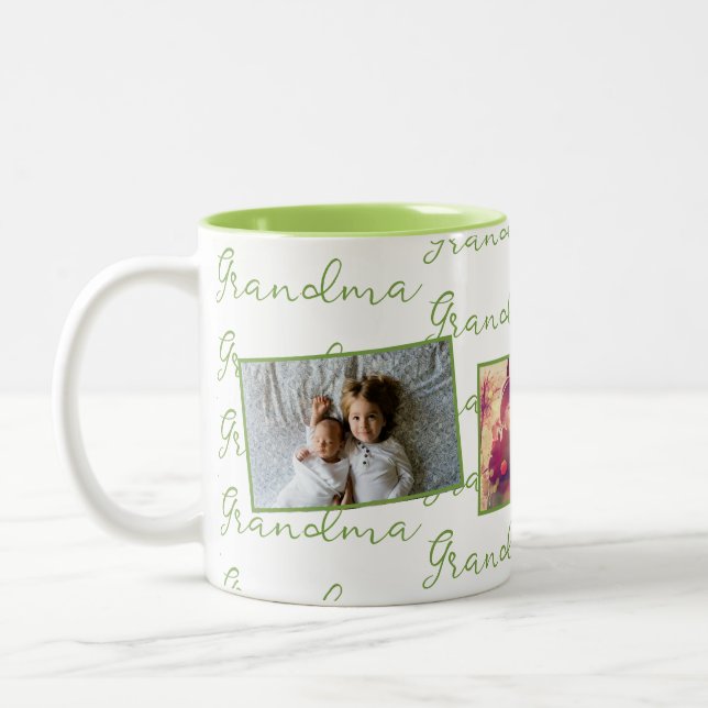 Tasse 2 Couleurs Grandma Green Script avec photos personnalisées (Gauche)