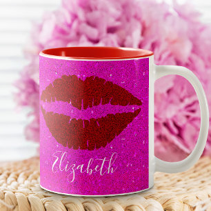 Tasse 2 Couleurs Gras lèvres rouges sur Parties scintillant rose ch