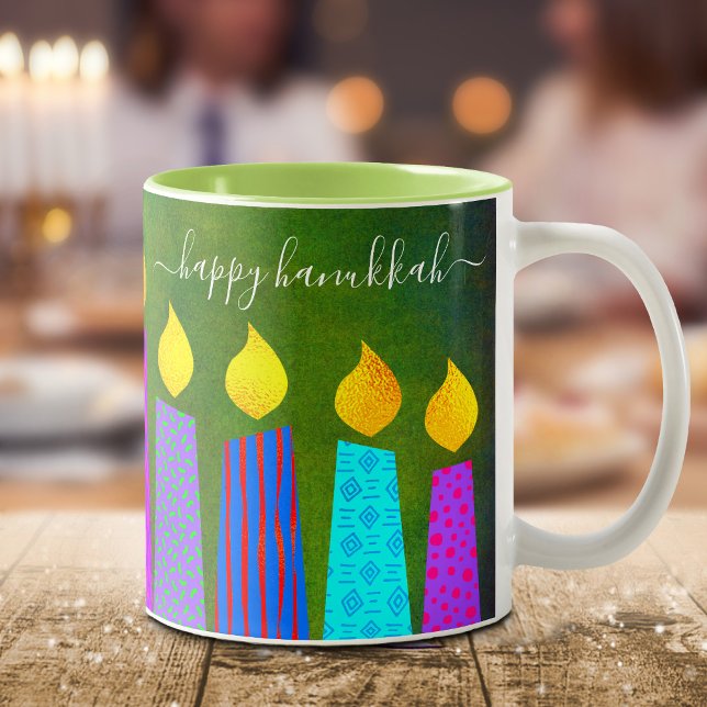Tasse 2 Couleurs Gras Menorah bougies joyeuses Hanoukka Script vert (Créateur téléchargé)