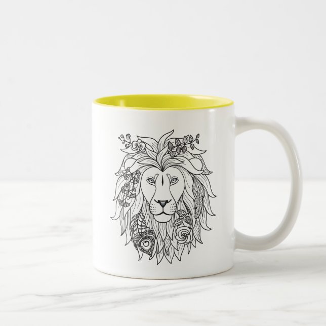 Tasse 2 Couleurs Griffonnage de lion et de fleurs (Droit)