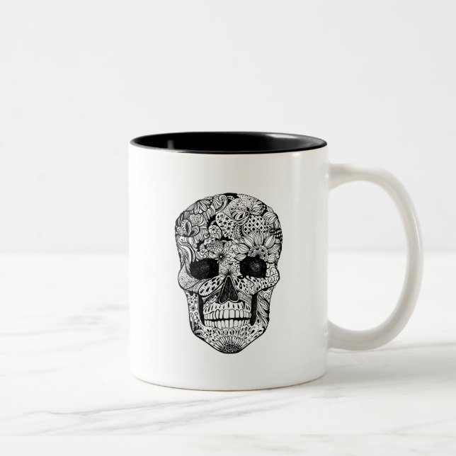 Tasse 2 Couleurs Griffonnage floral de crâne (Droit)