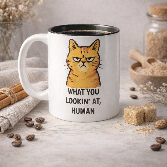 Tasse 2 Couleurs Grumpy Cat –“Qu'est-ce que vous regardez, humain”  (Créateur téléchargé)