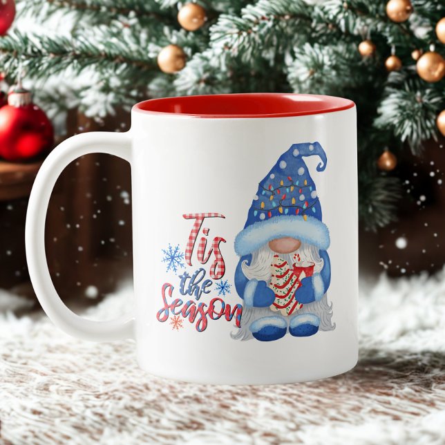 Tasse 2 Couleurs Guirlande de flocons de neige Rouge Bleu Gnome Noë (Créateur téléchargé)
