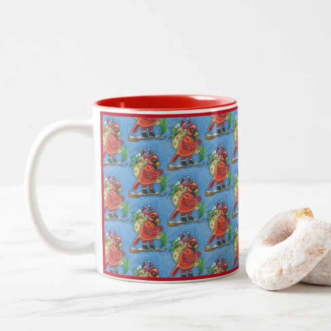 TASSE 2 COULEURS HABILLÉ EN PÈRE NOËL ROUGE, BOUG D'OISEAU CARDINAL (Avec donut)