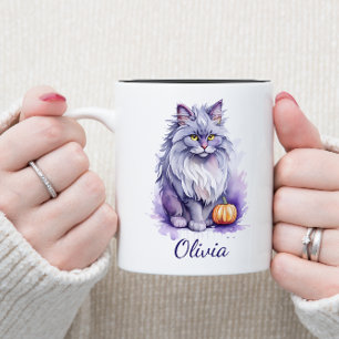 Tasse 2 Couleurs Halloween aquarelle angora chat avec citrouille