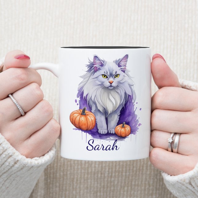 Tasse 2 Couleurs Halloween aquarelle angora chat avec citrouille (Créateur téléchargé)