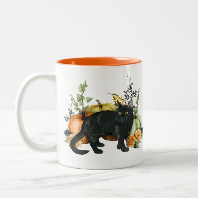 Tasse 2 Couleurs Halloween Aquarelle noir Chat Citrouille (Gauche)