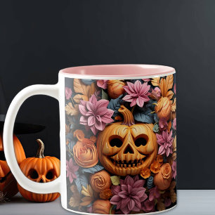 Tasse 2 Couleurs Halloween Citrouille 3D mignon et fleurs, rose