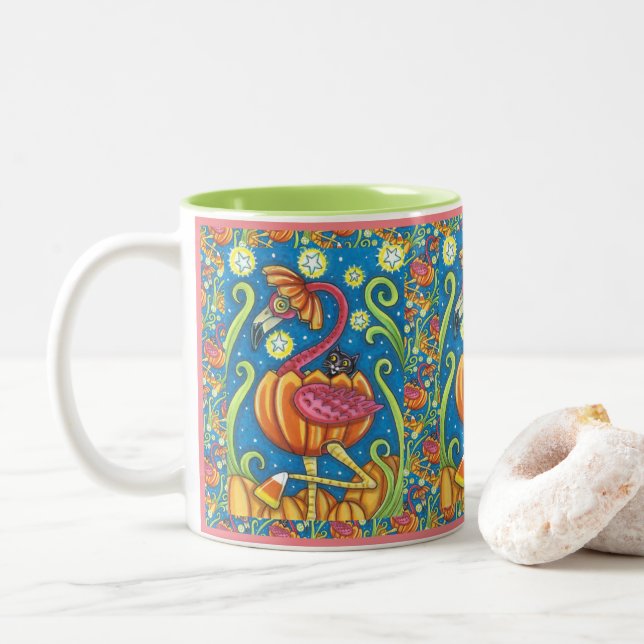 TASSE 2 COULEURS HALLOWEEN FLAMANT ROSE ROSE & CHAT NOIR EN CITROUI (Avec donut)