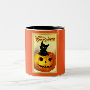 Tasse 2 Couleurs Halloween Kitty assis à Jack-o'-lantern