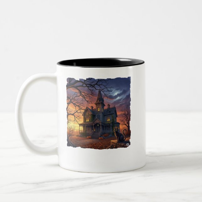 Tasse 2 Couleurs Halloween Maison hantée avec chat! (Gauche)