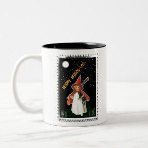 Tasse 2 Couleurs Halloween - Petite Fille avec Balai et Chat Noir
