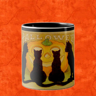 Tasse 2 Couleurs Halloween Vintage Chats Noirs & Citrouille