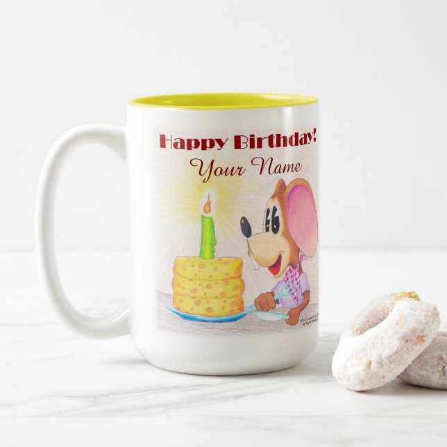 Tasse 2 Couleurs Happy Birthday Mouse with Cheesecake.  (Avec donut)