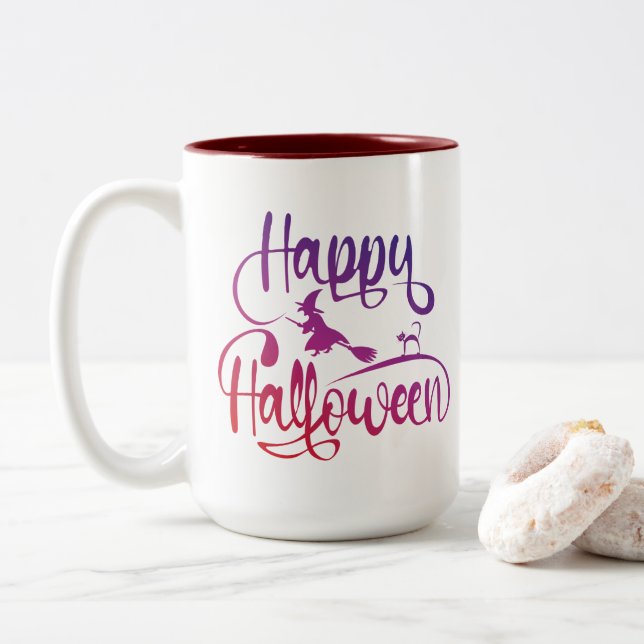 Tasse 2 Couleurs Happy Halloween dégradé volant sorcière chat (Avec donut)