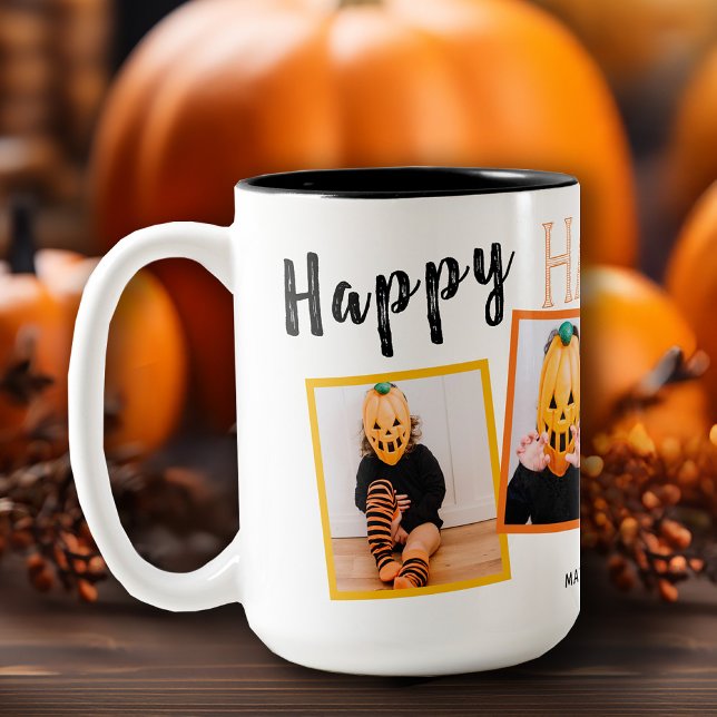 Tasse 2 Couleurs Happy Halloween Monogrammed Photo Collage (Take your morning cup of joe to a spook-tacular level this Halloween season with our Halloween Mug)