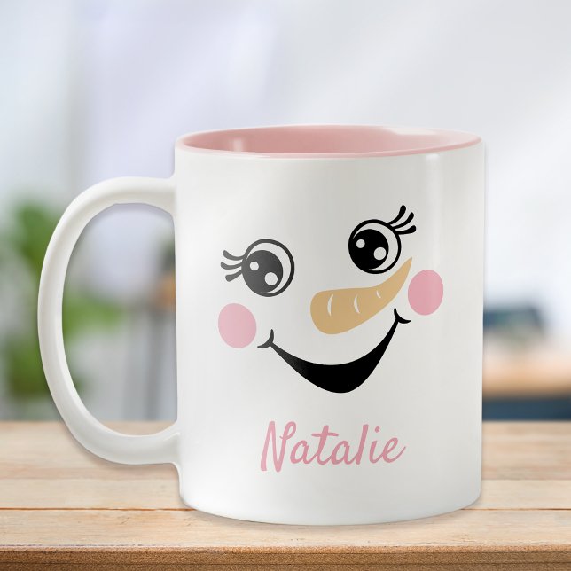 Tasse 2 Couleurs Happy Snowman visage Personnalisé Nom Fête (Créateur téléchargé)
