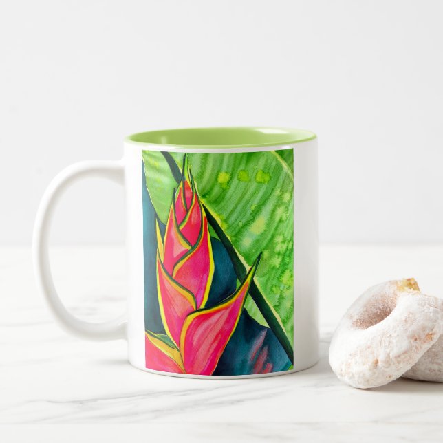 Tasse 2 Couleurs Hélicoptère aquarelle fleur tropicale (Avec donut)