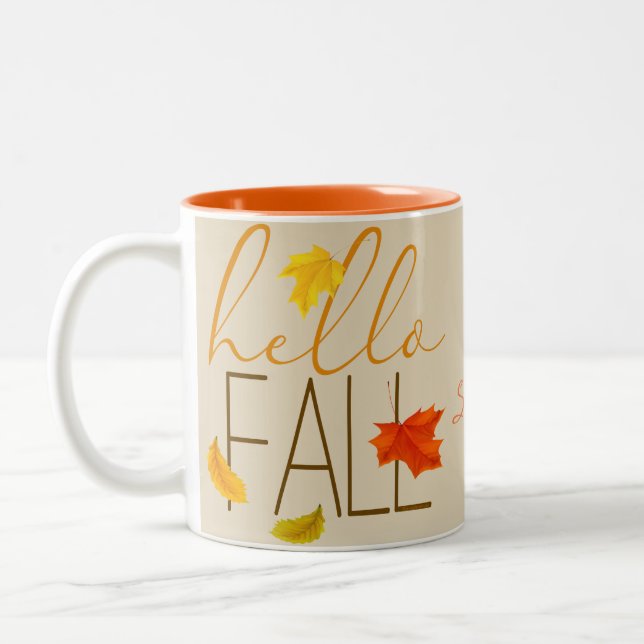 Tasse 2 Couleurs Hello Fall Typographie moderne et Feuille (Gauche)