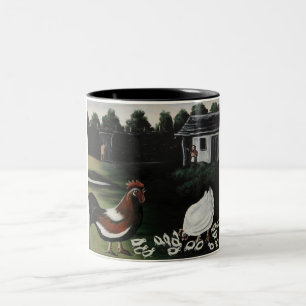 Tasse 2 Couleurs Hen avec ses pousses dans un paysage agricole rura