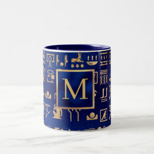 Tasse 2 Couleurs Hiéroglyphes égyptiens et initiale personnalisée
