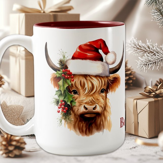 Tasse 2 Couleurs Highland Cow Festive Farm Animal Christmas  (Créateur téléchargé)
