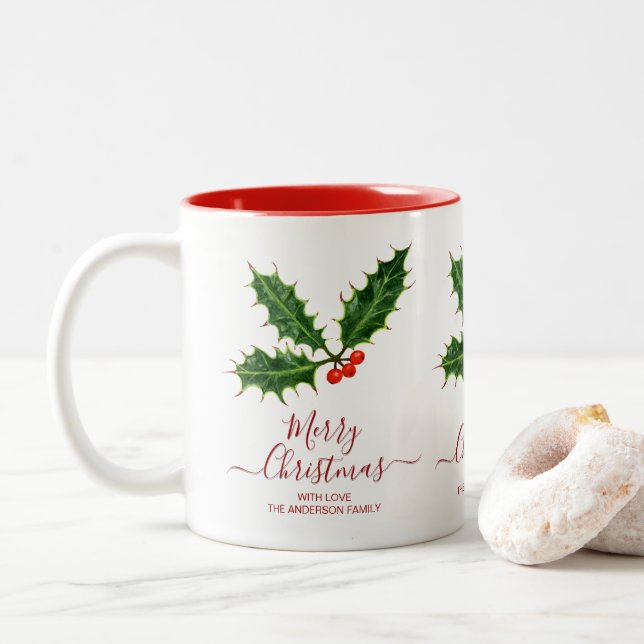 Tasse 2 Couleurs Holly and Berries Merry Christmas & Family Name (Avec donut)