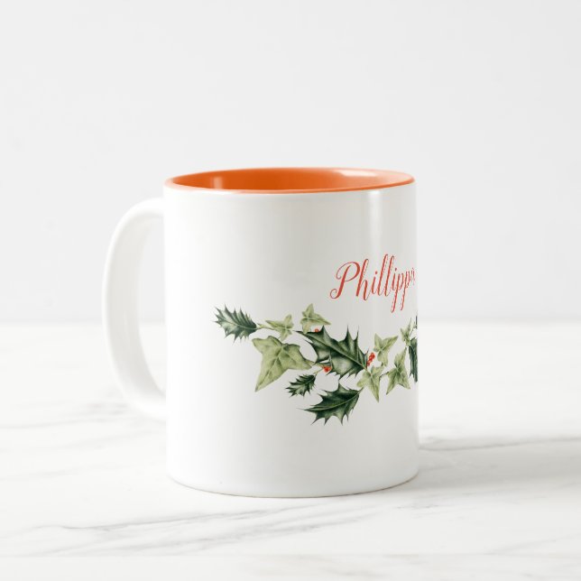Tasse 2 Couleurs Houx personnalisé et personnalisable et Noël de (Devant gauche)